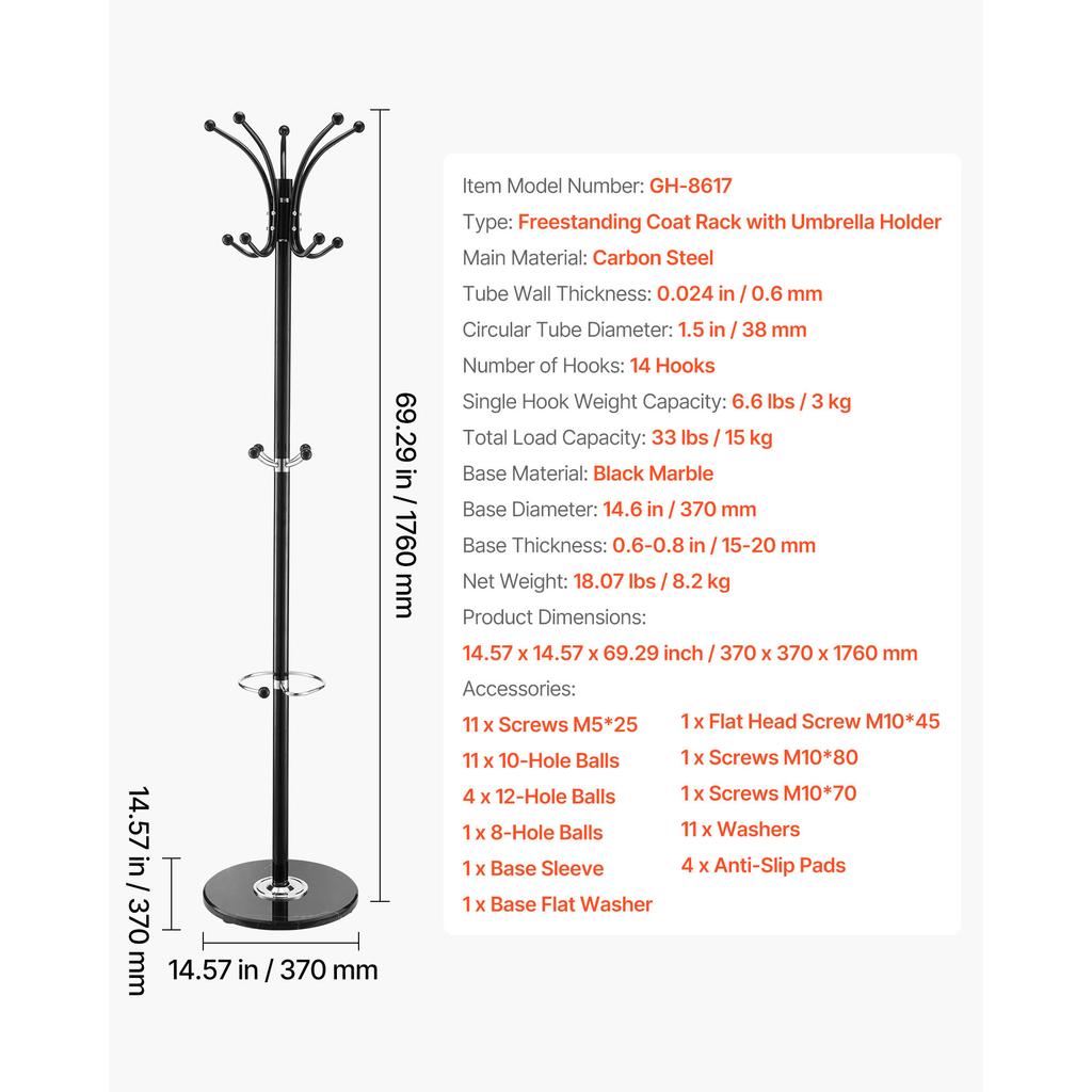SucceBuy Freestanding Coat Rack Metal Coat Rack Stand with Umbrella Holder Stable Marble Base&14Hooks Hall Coat Tree for Bedroom