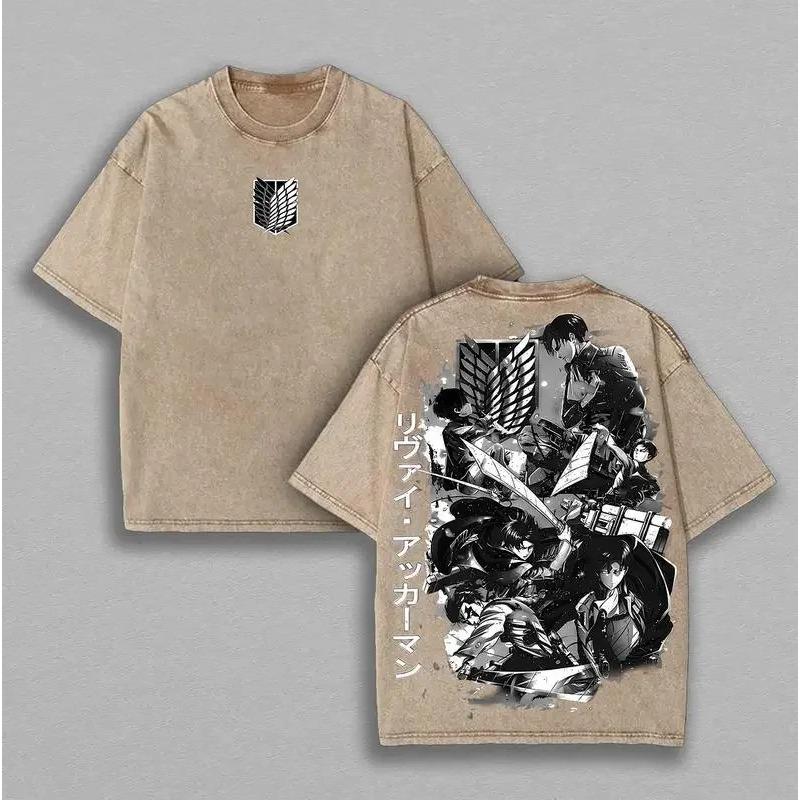 Hot Anime Attack On Titan Levi Ackerman Print T-shirt Men Short Sleeve Clothing Cotton Tshirt Retro Washed T Shirt Manga Tops