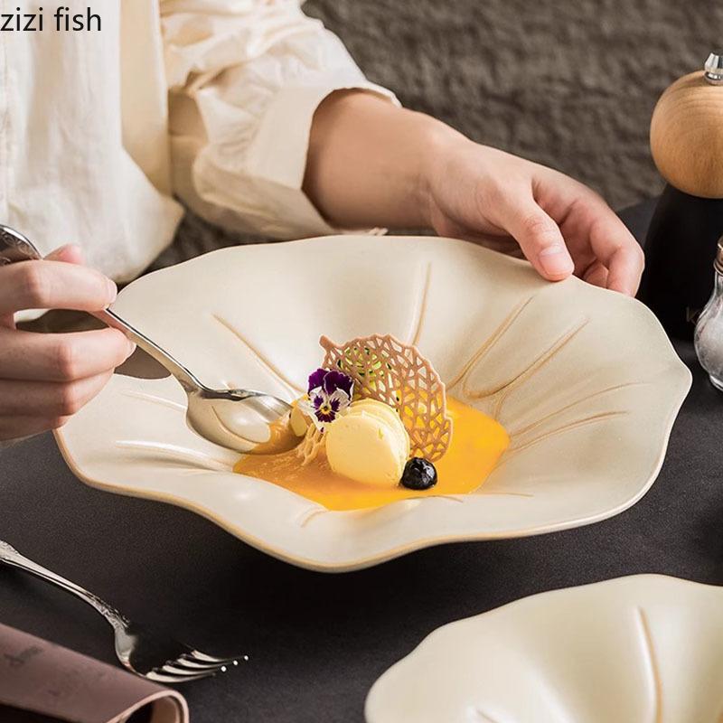Light Yellow Lotus Leaf Shaped Ceramic Deep Plate Irregular Salad Plate Dessert Thick Soup Plate Restaurant Creative Tableware