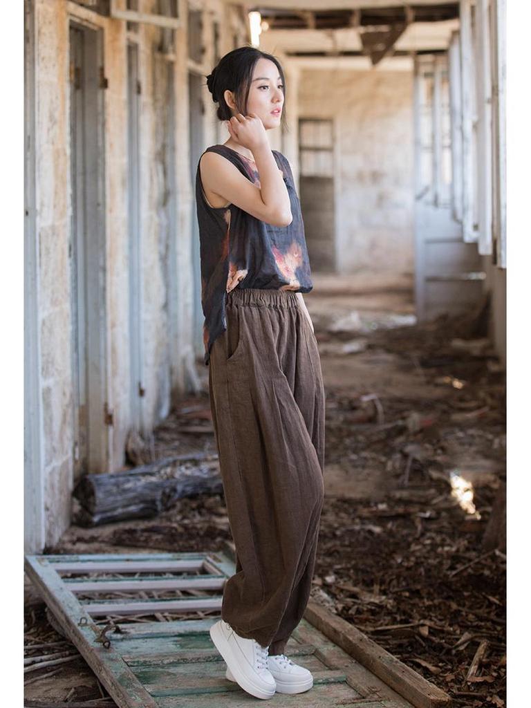 Ramie Distressed Cotton-Linen Women's Retro Lantern Pants