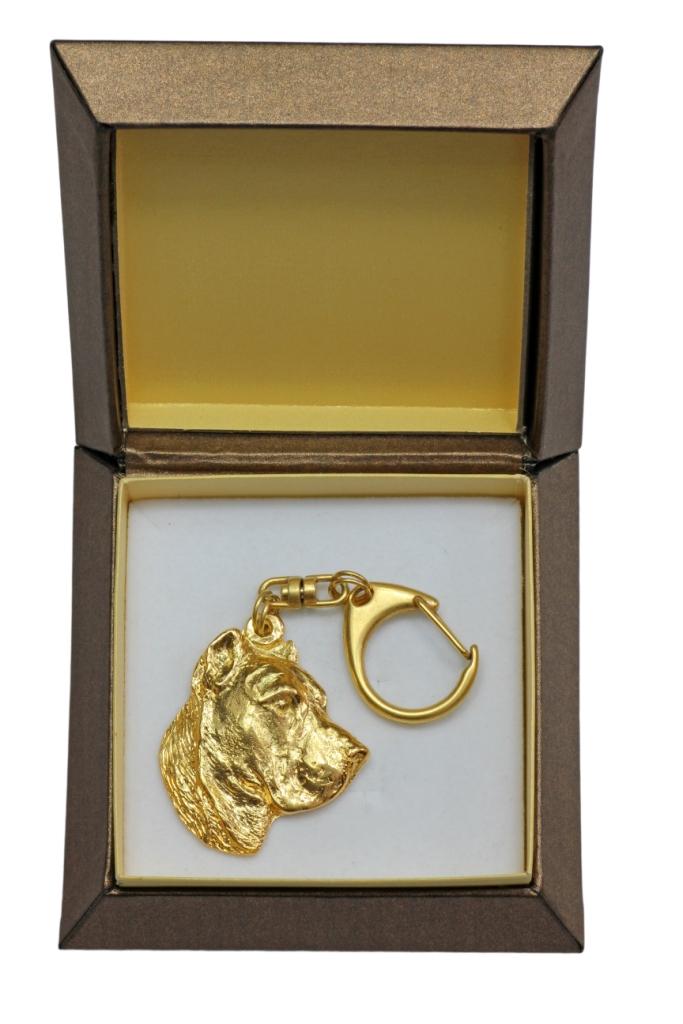 Presa Canario, Dogo Canario, Canary Mastiff - Gilded key ring with dog in gift box, handbag decoration, luxury accessory by Art-Dog brand