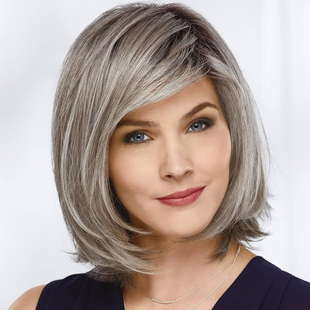 

Women s Short Straight Bob Grey Gradient Synthetic Wig Headband