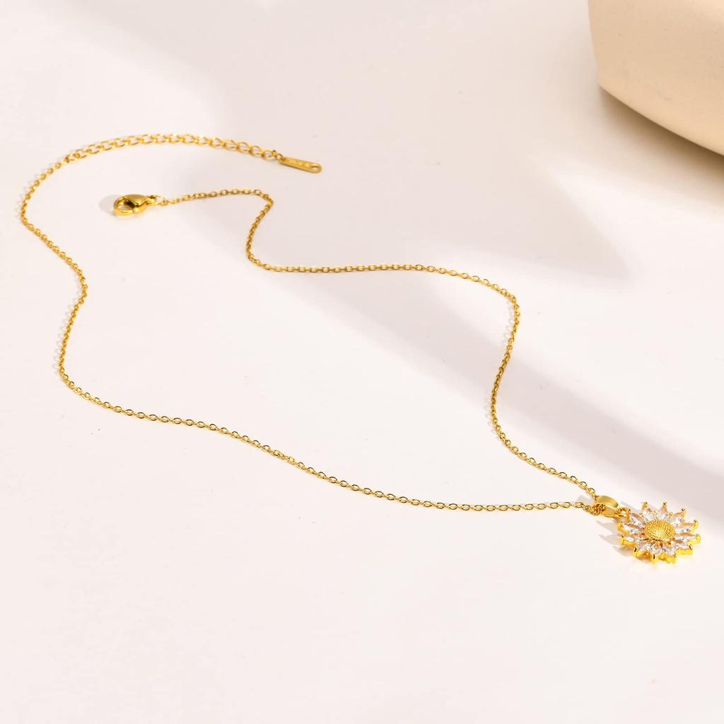 Necklace for Flower Stainless Sun Flower Day Gift [Rockyu] Women, Gold, Necklace, Steel, Hypoallergenic, Pendant, Flower, Zirconia, Mother's