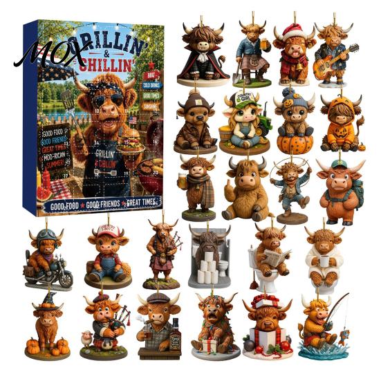 Acrylic Holiday Tree Decorations 2026 Highland Cow Advent Calendar, 2D Flat Festive Collectible Pendants Ornaments, 24 Days Christmas Countdown