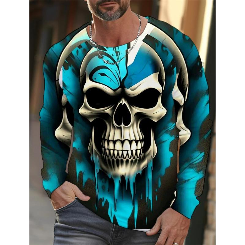 Men's Long-sleeved T-shirt 3D Printed High-definition Skull Stitching Printing Men's Autumn Tops Casual Round Neck Home Clothes