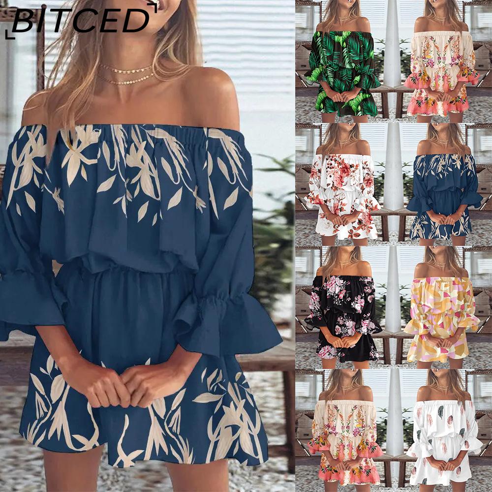 BITCED Women Floral Print Mini Dress Summer Sexy Off Shoulder Flare Sleeve Tunic Dress Female Casual Boho Beach Dress