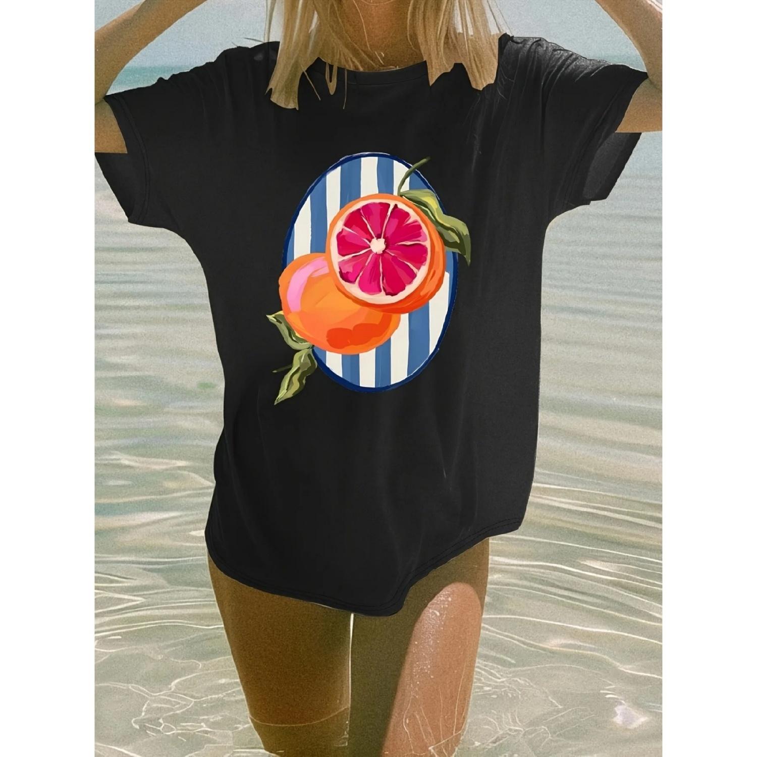 

Cartoon grapefruit print round neck short sleeve T-shirt Simple casual style Suitable for summer ladies casual wear XXXXXL різнокольоровий