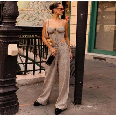 Harajuku Summer Loose Pants Suits Vintage Vertical Stripe High Waist Lace Patchwork Women Pant Y2k Aesthetic Casual Trousers Sets