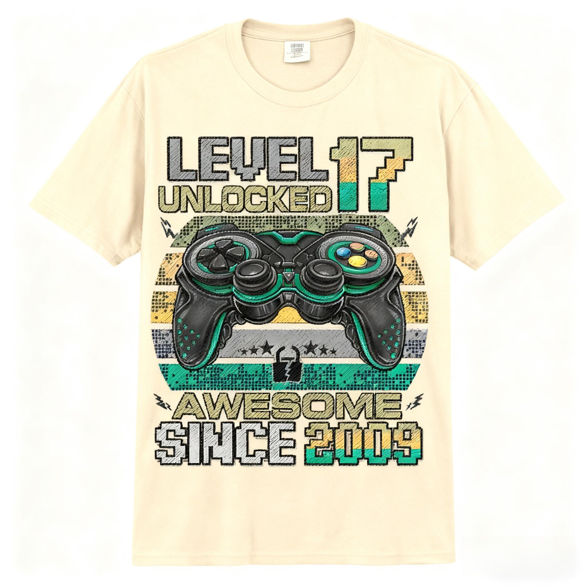 

Level 17 Unlocked Awesome Since 2009 17th Birthday Retro Gaming Comfort Adult Unisex Fashion Loose 100% Cotton Casual T-Shirt 3XL