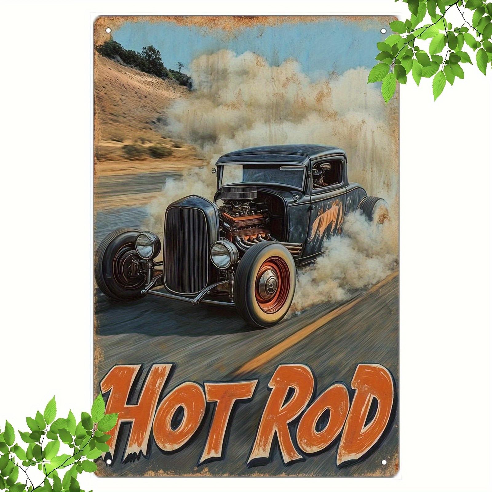 Vintage Hot Rod Metal Tin Sign    Retro Classic Car Art Wall Decor with Black  Orange Hot Rod Design 1940s1950s Muscle Car 20x30cm（7.8x11.8inch）