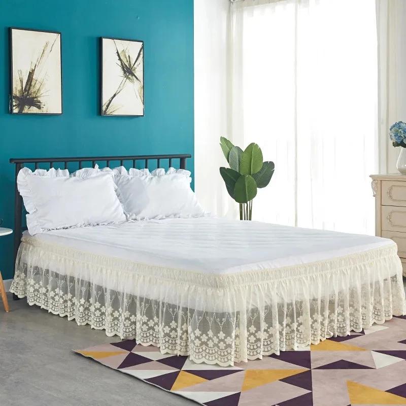 18 Inch Drop Lace Bed Skirts Wrap Around Ruffled  Wrap Around Elastic Bed Skirts Without Bed Surface Twin Full Queen King Size
