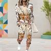 Women Plus Size White Halloween Ghost Printed Round Neck Long Sleeve Cuffed Two Piece Pants Set With Pockets