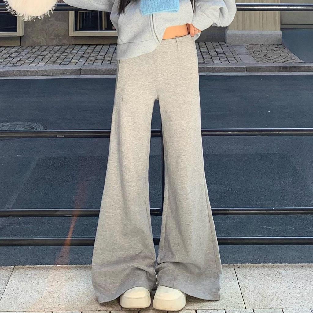 Women's Gray Micro-Flare Sweatpants: 2025 Autumn/Winter Korean Style, Wide Leg, Plus Velvet, Thickened Casual Pants.