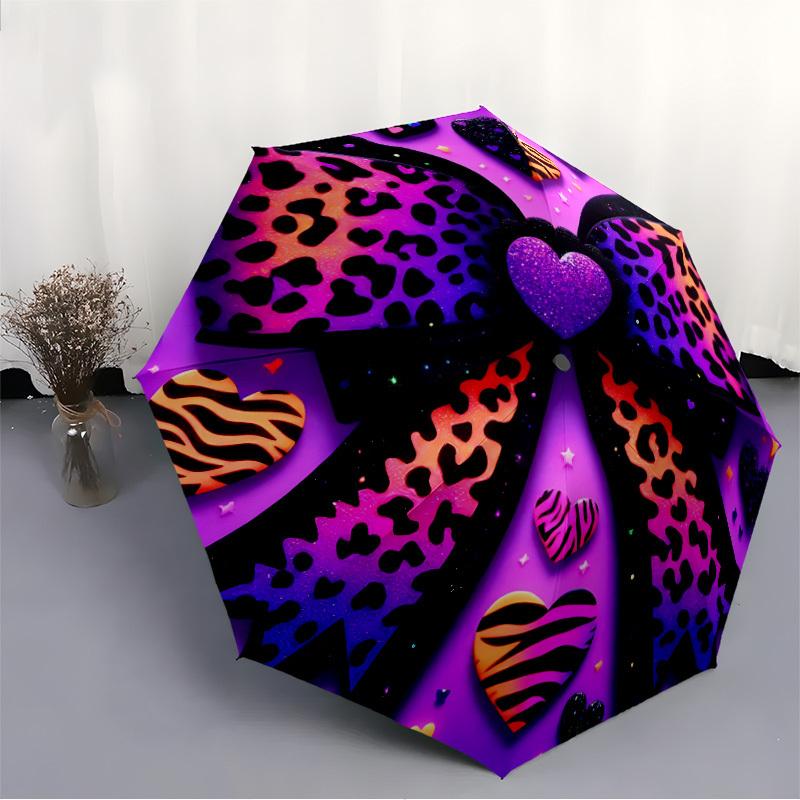 1pc Leopard Print Hearts Automatic Open/Close Umbrella Compact Folding Umbrella, All-Season Portable Umbrella for Women/Men F1124244