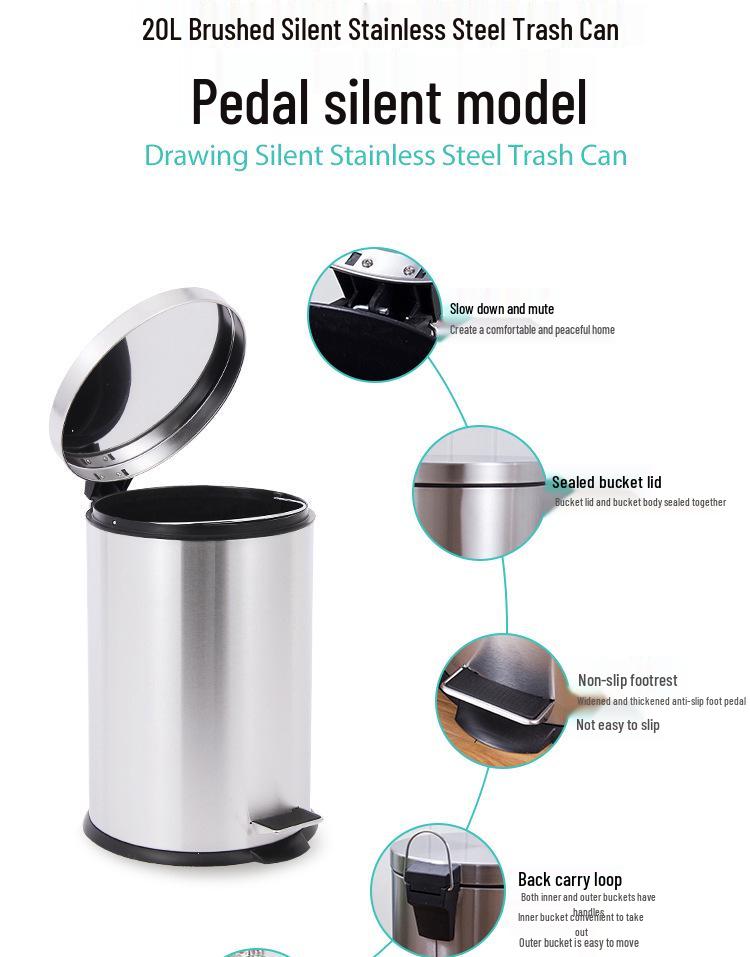Stainless Steel Flip-Top Trash Can: Silent, Soft-Close, Foot-Operated Bin for Bathroom or Kitchen.