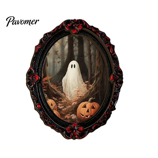 Decorative Metal Cabinet Stickers Halloween Wooden Refrigerator Magnets, Vintage Gothic Oval Frame Fridge Magnets with Witch Niche Holiday Souvenir