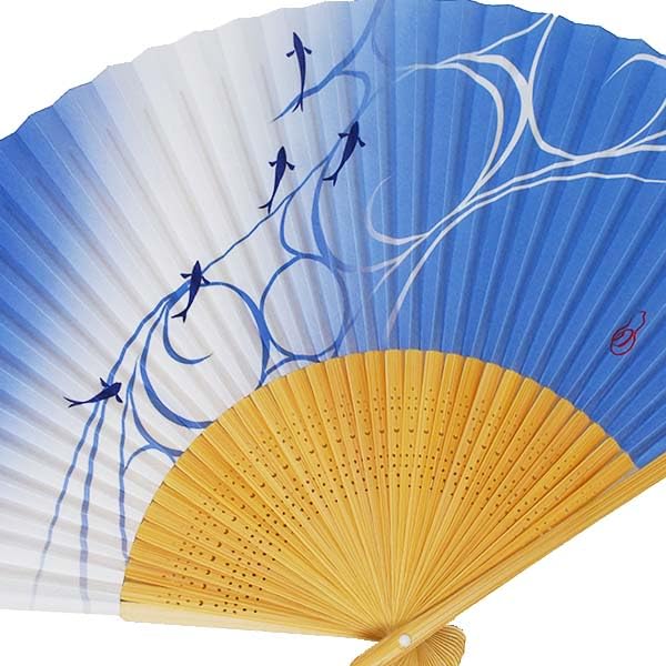 Kimono Folding White Bamboo Flowing Water and Sweetfish Light Blue [Stylish Iroha] Men's Fan, Carving, Scented, Design,