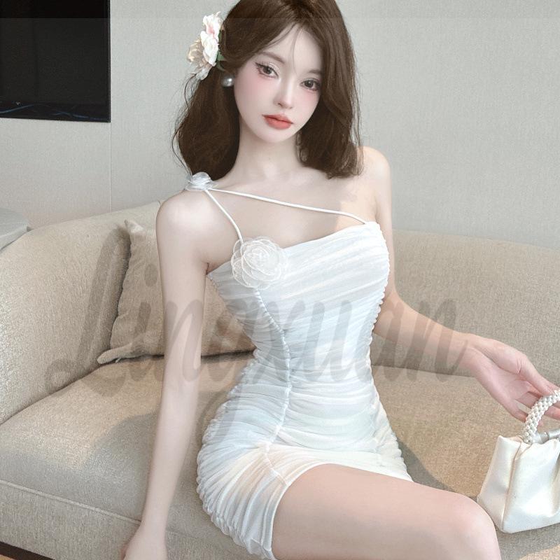 Elegant Off-Shoulder Mesh Camisole Dress for Petite Figures - High-End Bodycon Slip Dress