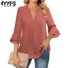 YYFS Damenmode Casual Sommer Frühling Einfarbig Druck 3/4 Ärmel V-Ausschnitt Blusen & Hemden