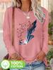 Damen Baumwolle Langarm T-Shirt Blatt und Vögel Lässiges Oberteil Herbst Winter Mode Damen T-Shirts Kleidung Künstlerischer Print Tee