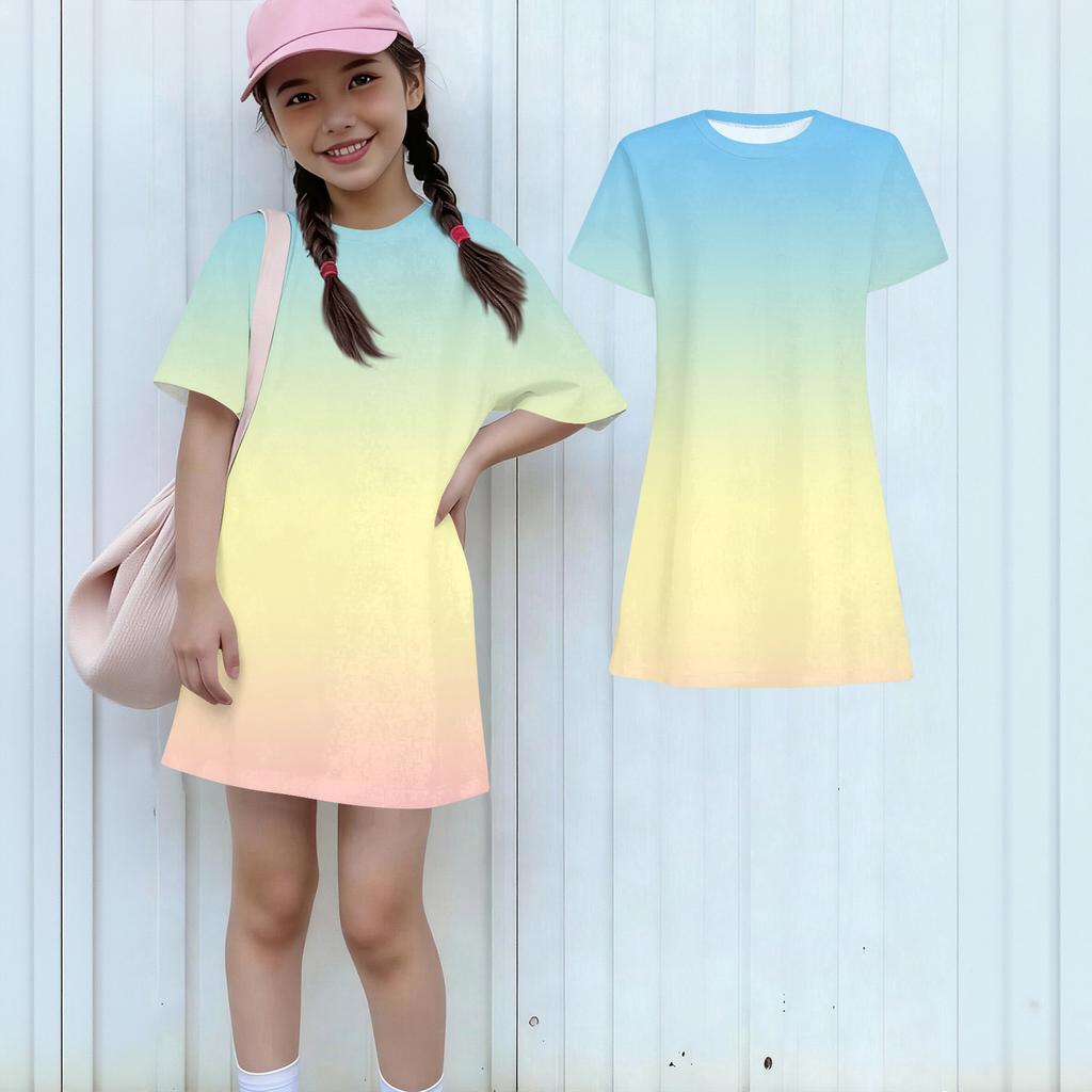 Girls Casual Sundress Kids Loose Round Neck Short Sleeve Lightweight Dress