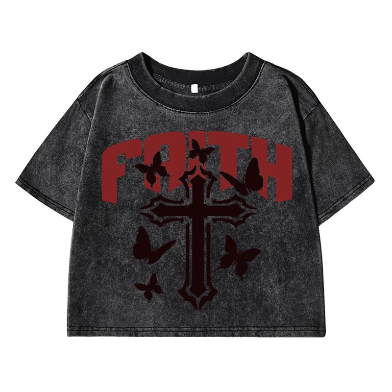 Faith Letter Funny Printing Women Wash Short T Shirt Summer Breathable Tshirt Street Fashion Tees Distress Tops Female