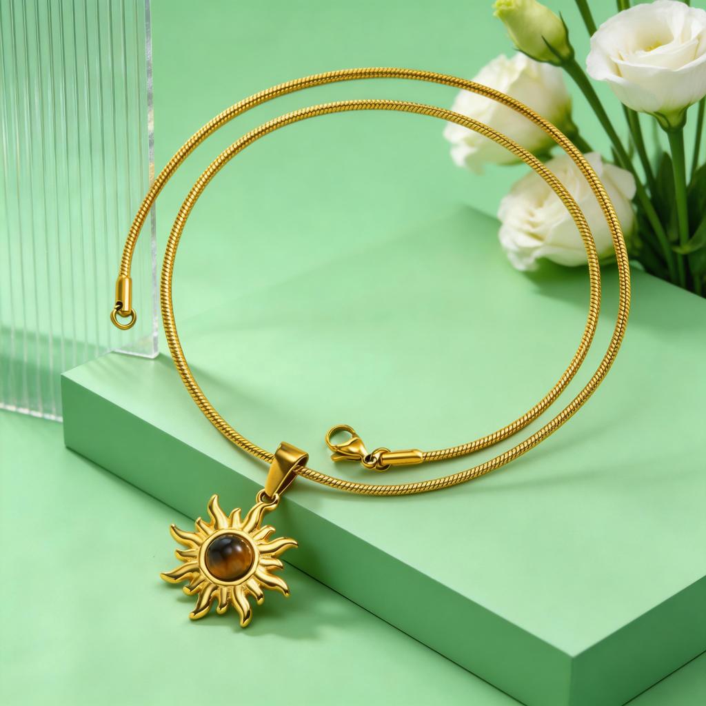 Tiger's Eye Sun Pendant Stainless Steel Necklace for Women Natural Stone Snake Chain Necklaces Fashion Jewelry Gift