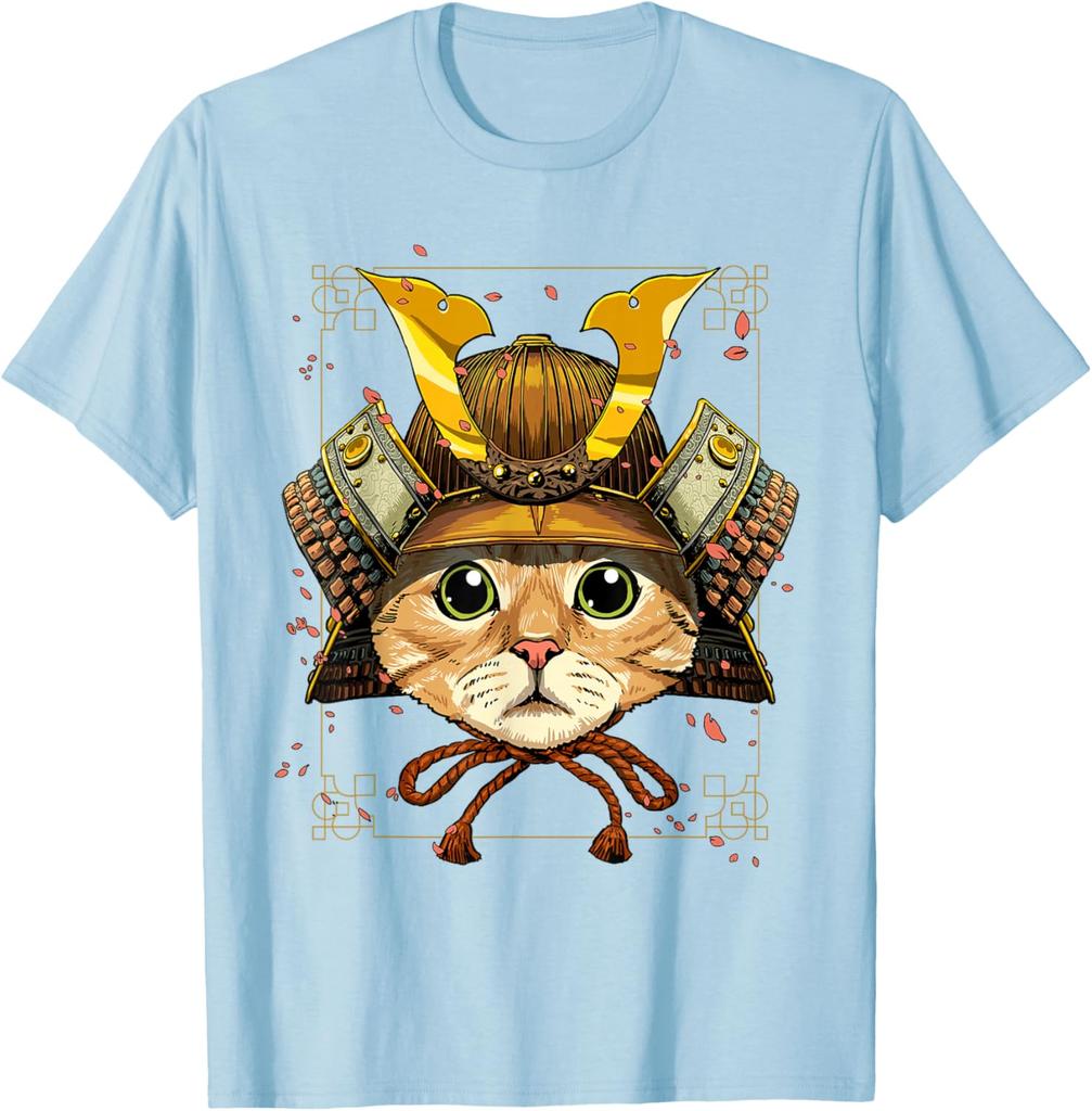 Samurai Cat Warrior Japanese Ronin Graphic Tee Breathable Casual Cotton T-Shirt for Men