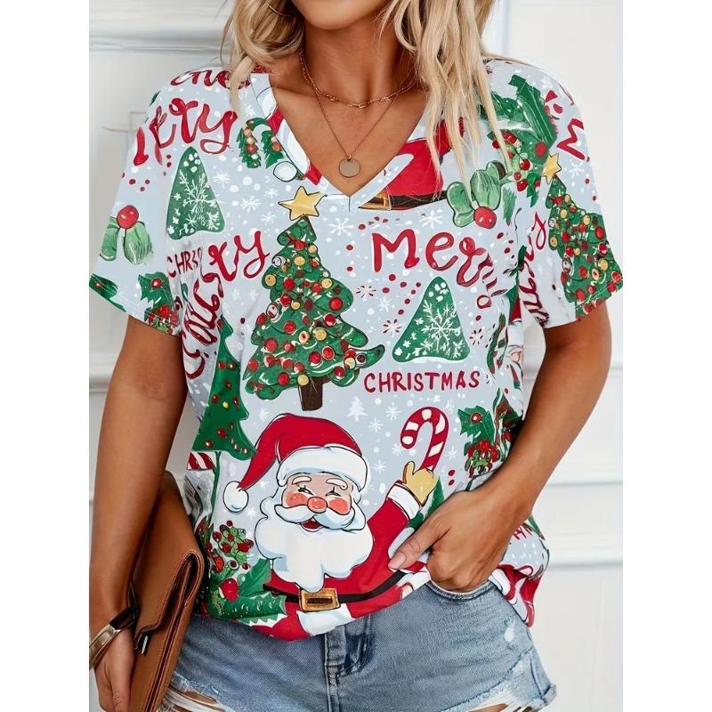Summer Ladies Christmas 3D Printed V-Neck T-Shirt Fashion Versatile Trend Breathable Casual