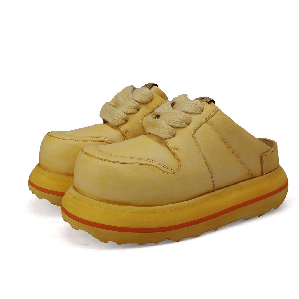 Johnature Damskie buty na grubej podeszwie ze skóry naturalnej, sznurowane, outdoorowe, z okrągłym noskiem, modne kapcie