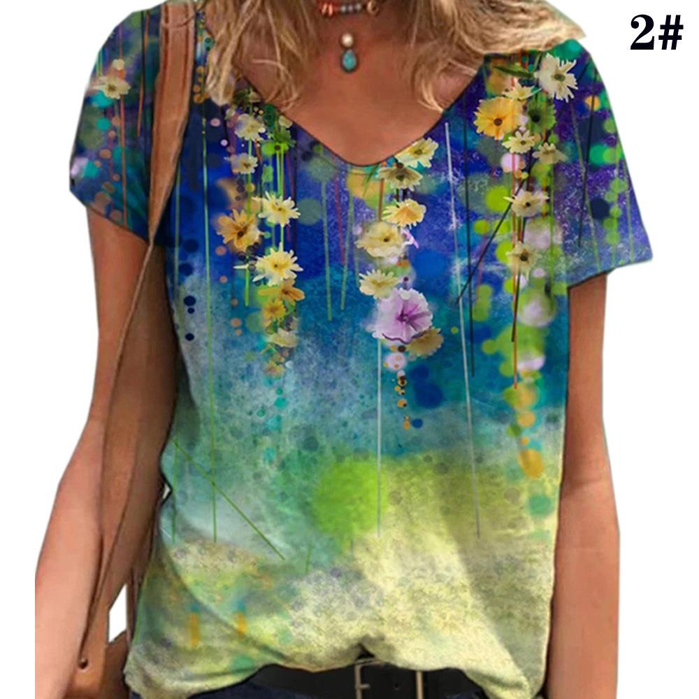 New Women Fashion V Neck Slim Fit Short Sleeve Pullover 3D Flowers Print Plus Size Casual T Shirt Tops S-5XL