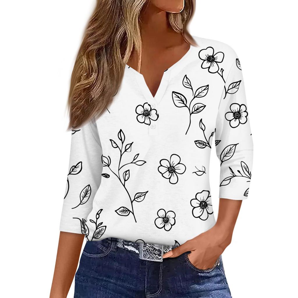 Damenmode Lässiges T-Shirt mit Blumendruck, V-Ausschnitt, dekorativen Knöpfen und Dreiviertelärmeln