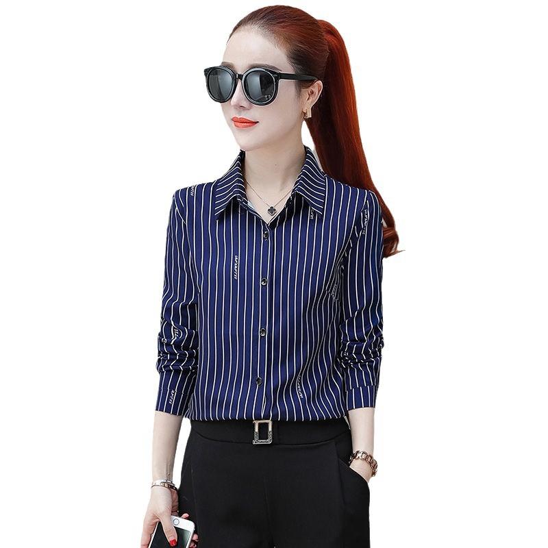 1116 new black and white vertical striped shirt women's spring, summer and autumn long-sleeved versatile professional temperament women's top looks
