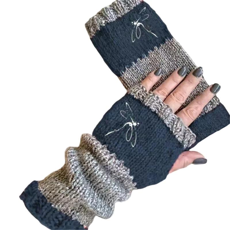 

Stylish Embroidery Splicing Knitted Gloves Warm Gloves Fashion Leaky Finger Casual Women s Glove for Outdoor Activity ціан