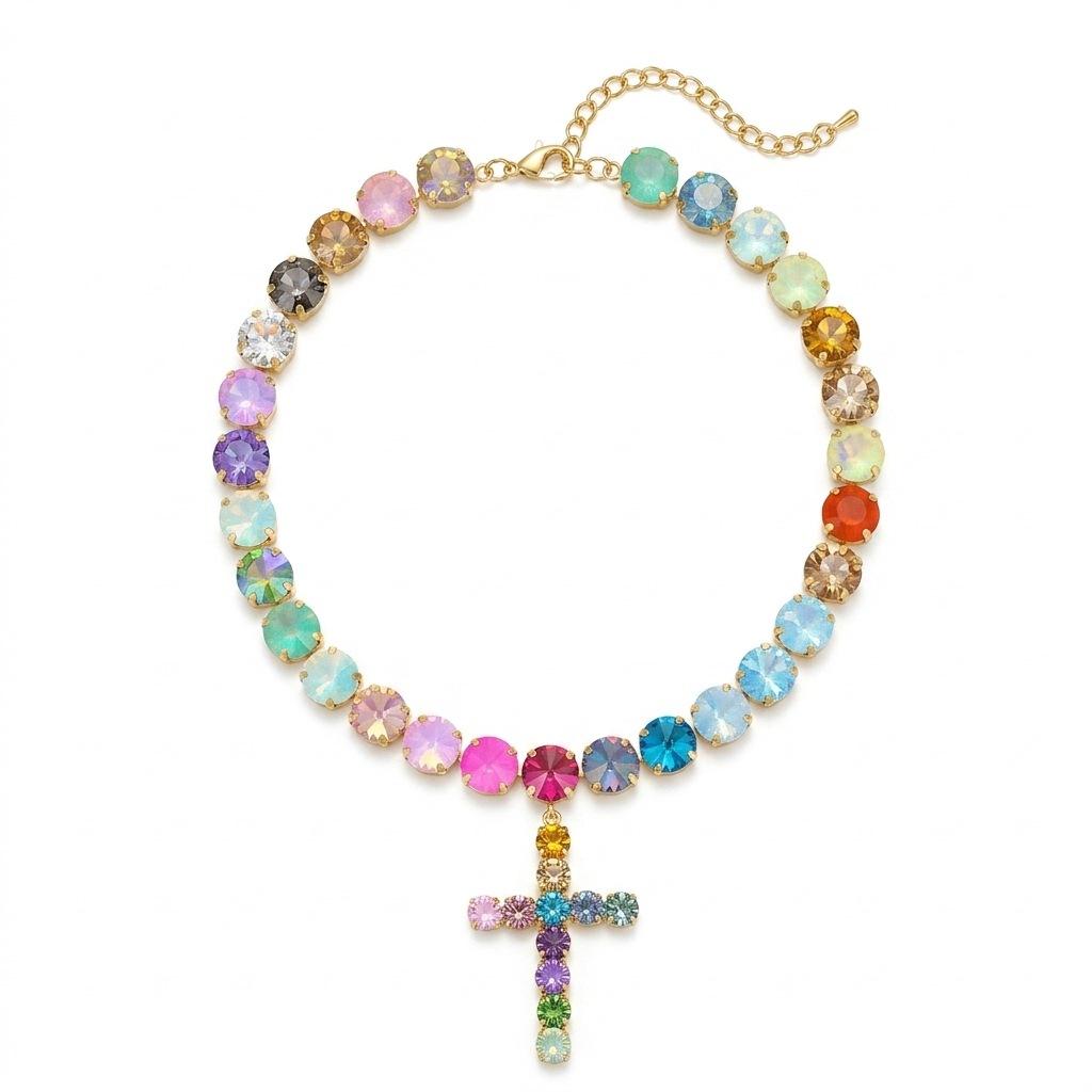 Women's Geometric Multi Layer Cross Tassel Choker Necklace Inlaid Colorful Zircon Gemstone Stackable Pendant Jewelry Vacuum Gold
