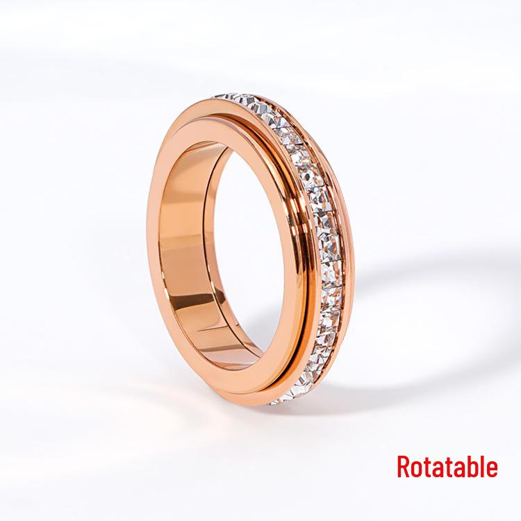 Live Hot Style Rotatable Zircon Titanium Ring with 18k Rose Gold Plating