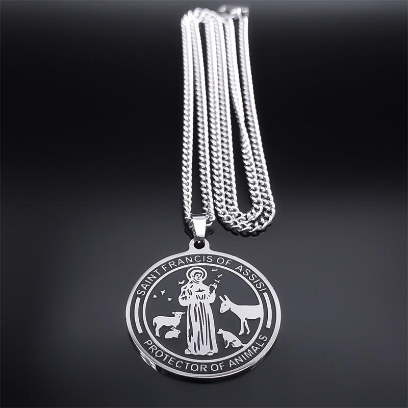 Colliers Médailles Saint François d'Assise pour Femmes Hommes Acier Inoxydable Couleur Argent Protecteur des Animaux Collier Bijoux N7569
