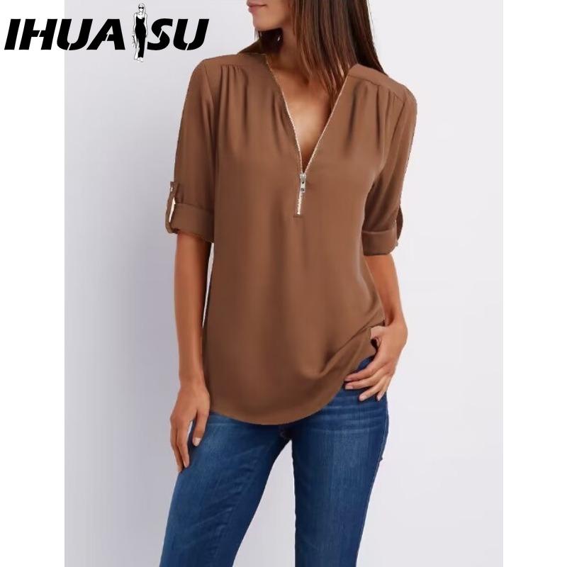 IHUASU Women's Fashion Casual Solid Color Print Short Sleeve POLO Neck Blouses & Shirts