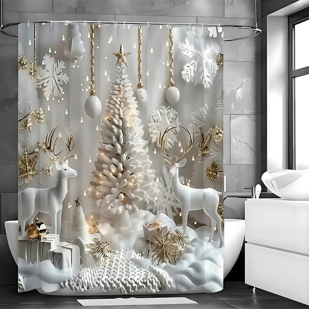 Christmas White Elk Christmas Tree Decorative Shower Curtain, Bathroom Decorative Shower Curtain, Waterproof Shower Curtain with