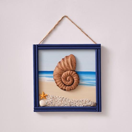 Wood Beach Framed Wall Art Coastal Ocean Theme Wall Hanging Sign with Steer Wheel Conch Sailboat for Bathroom Bedroom Living Room Decor