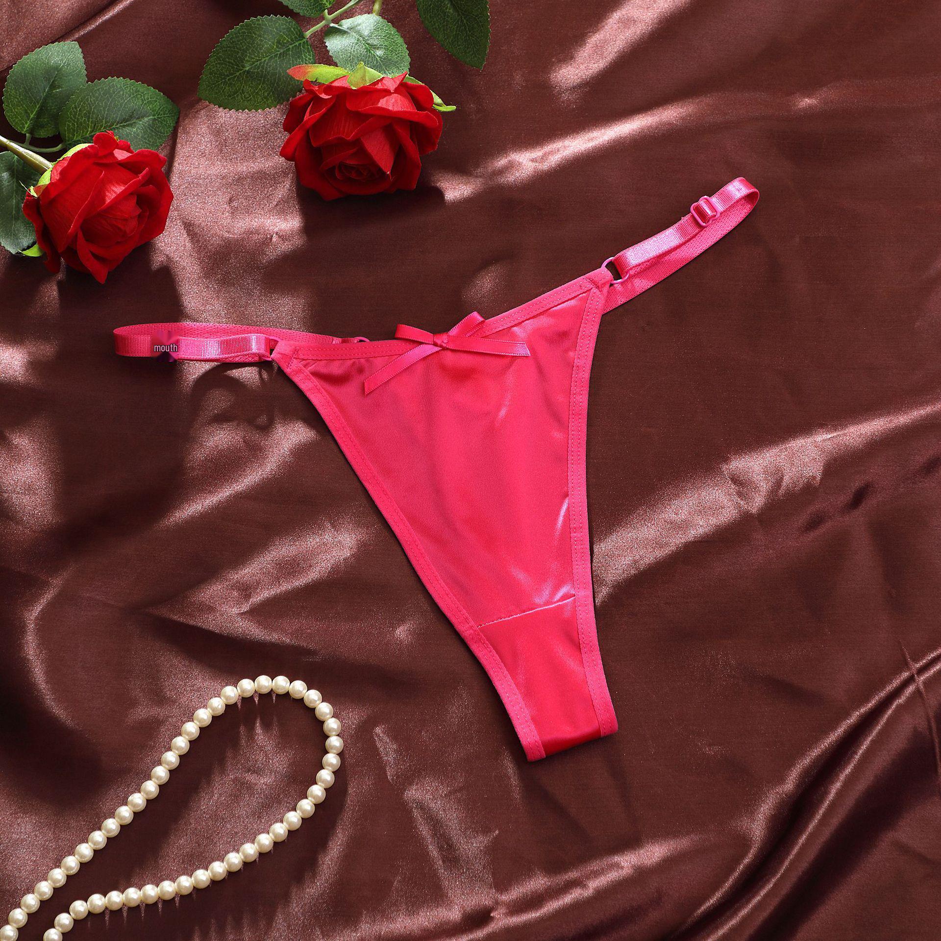 

Роскошные стринги из сатина с регулируемыми бретельками: Женские трусы-стринги с низкой посадкой, «персиковыми» бедрами и отделкой бантом (994) M