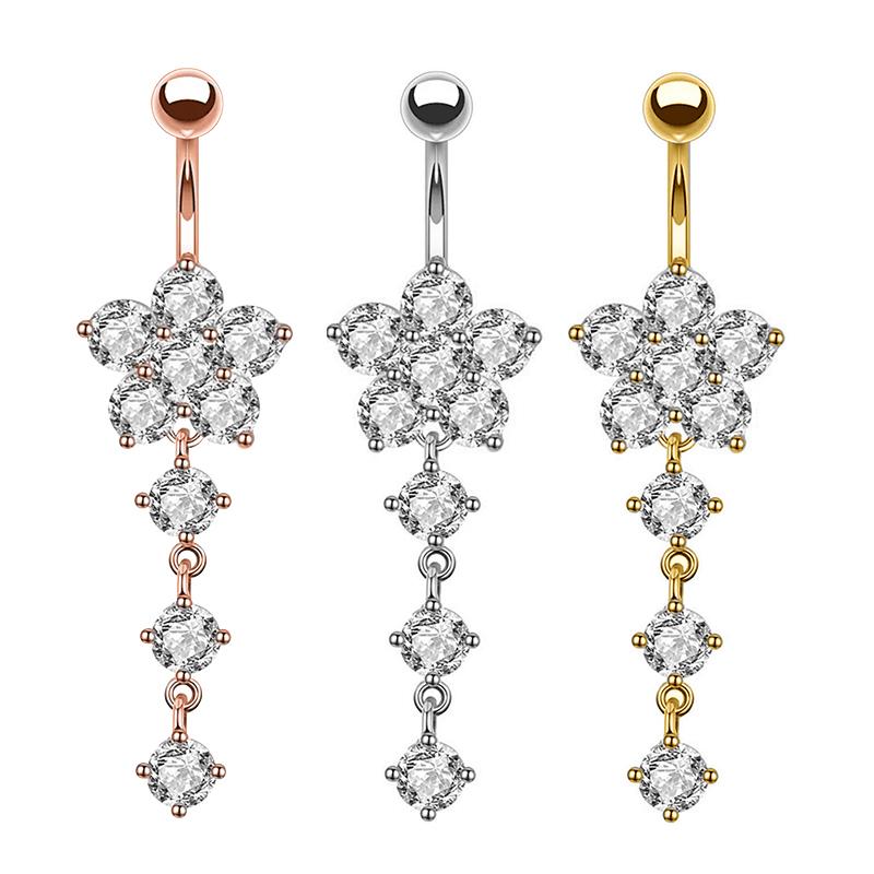 Butterfly-bow Dangled Navel Ring Piercing 14G Flower Heart Crystal CZs Belly Button Ring for Women Stainless Steel Belly Jewelry