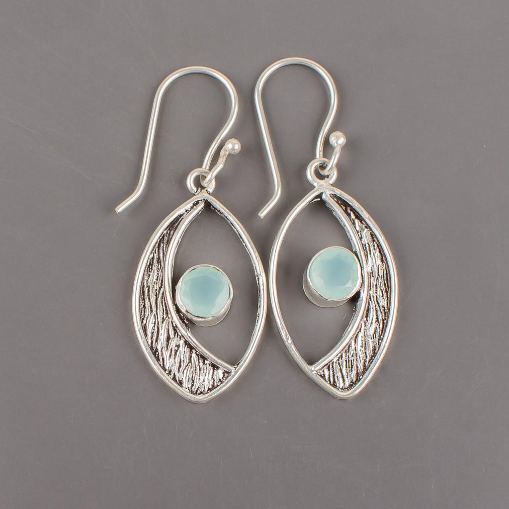 Aqua Chalcedony Gemstone 925 Sterling Silver Jewelry Handcrafted Earrings 1.60" EE-61-17