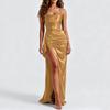 Damen Satin Langes Abendkleid Figurbetont Raffung Hoher Schlitz Sexy Formelles Kleid