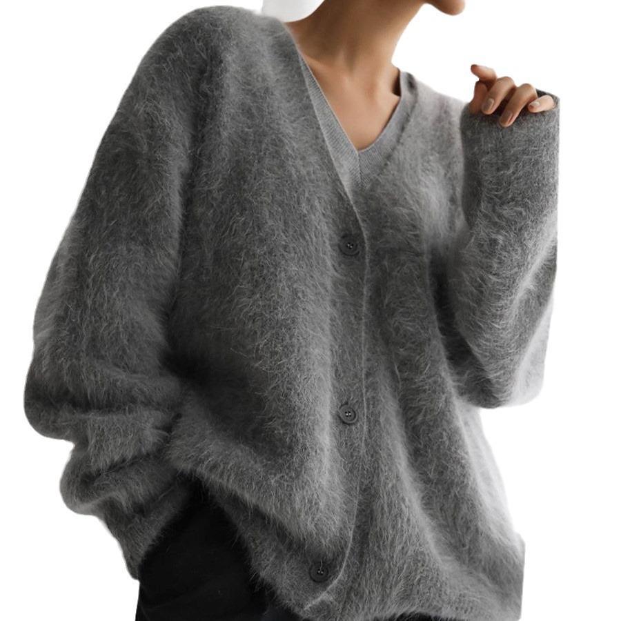 Mink Plush V Neck Knit Sweater Women Autumn Winter Loose Solid Export Cardigan Coat
