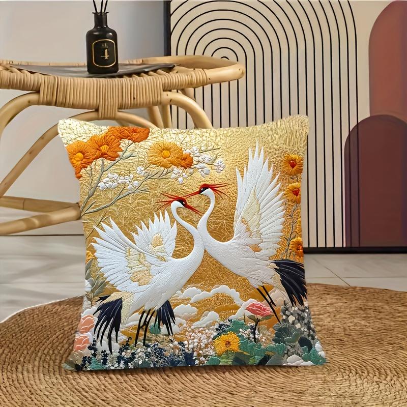 Golden Red-Crowned Crane Pillow Cover 2D Faux Embroidery Print Cushion Case Oriental Floral Home Decor Gift