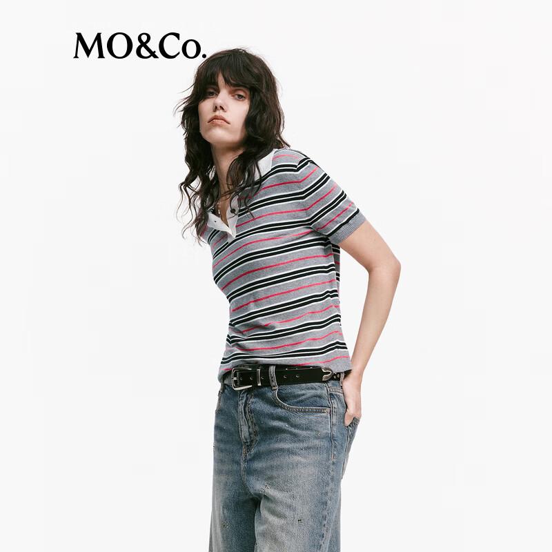 MO&Co. Silk-Cotton Striped Polo Knit Top