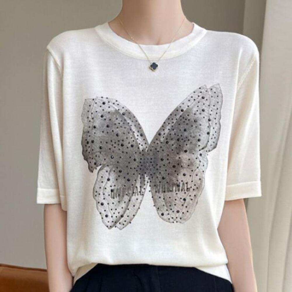 Navava Women BuTTerfly PrinT Round Neck 5 Sleeve KniT T shirT Nk2164