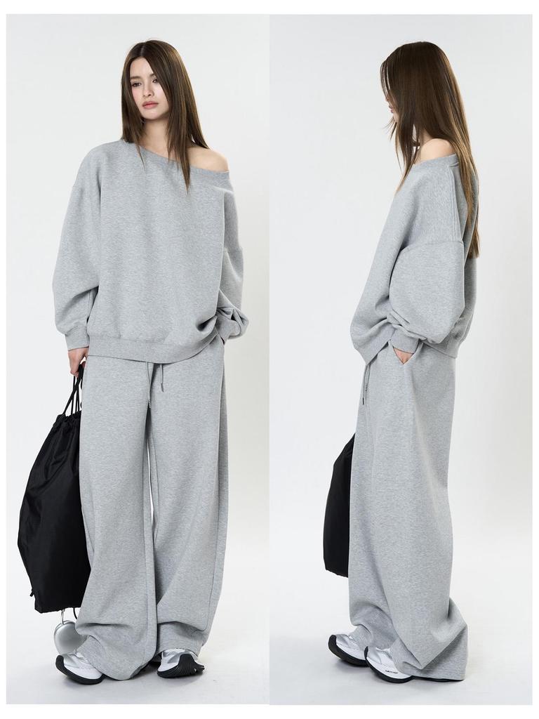 Louvre Spring Korean Athflow One-Shoulder Relaxed Sweatshirt for Women