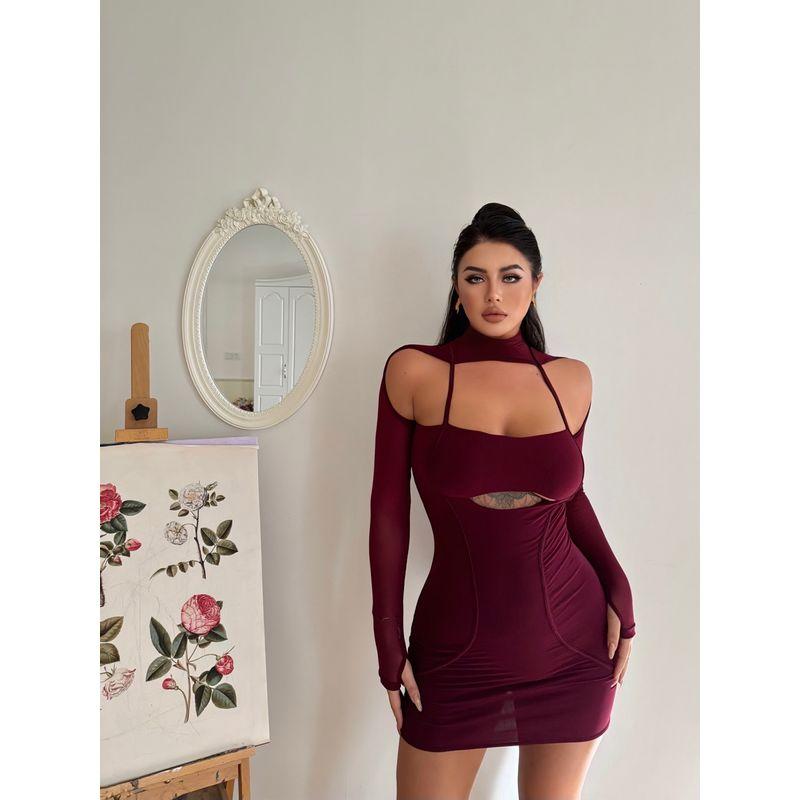 

La Pinky Fashion Pure Color Sexy Hollow-out Tight Stretch Mesh Stitching Long Sleeves Hip Bag Dress Burgundy L(Shopkeeper upper body)
